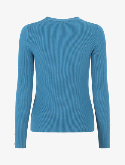 Pull côtelé à boutons décoratifs aux manches - Bleu canard - 2