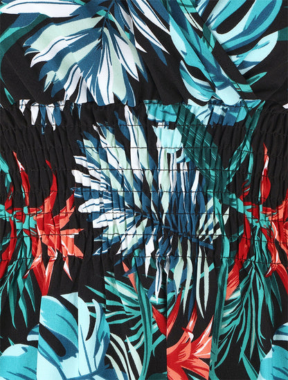 Robe longue élastiquée imprimé tropical - Bleu - 3