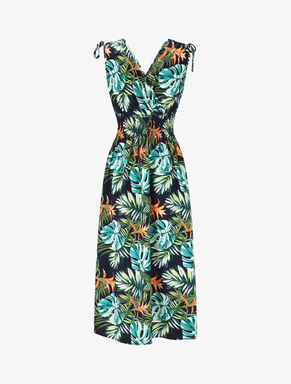 Robe longue élastiquée imprimé tropical - Vert - 2