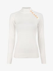Pull fin uni et boutons décoratifs - Blanc - 1