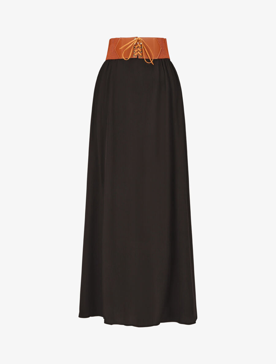 Jupe longue unie à taille élastiquée - Noir - 1