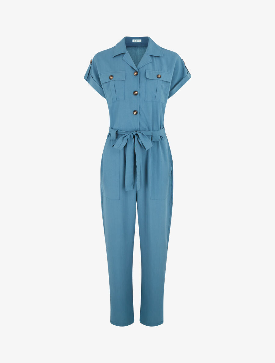 Combinaison fluide unie et ceinturée - Bleu canard - 1