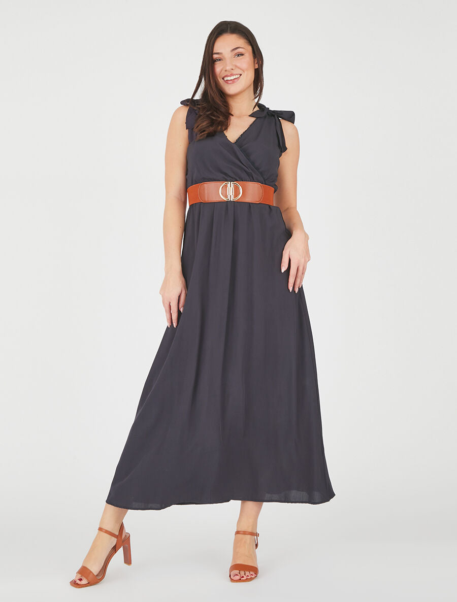 Robe longue à nœuds sur les épaules - Marine - 4