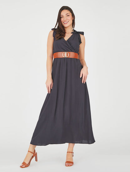 Robe longue à nœuds sur les épaules - Marine - 4