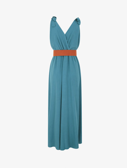 Robe longue à nœuds sur les épaules - Bleu canard - 2
