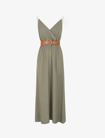 Robe longue unie à bretelles fantaisies - Kaki - 2