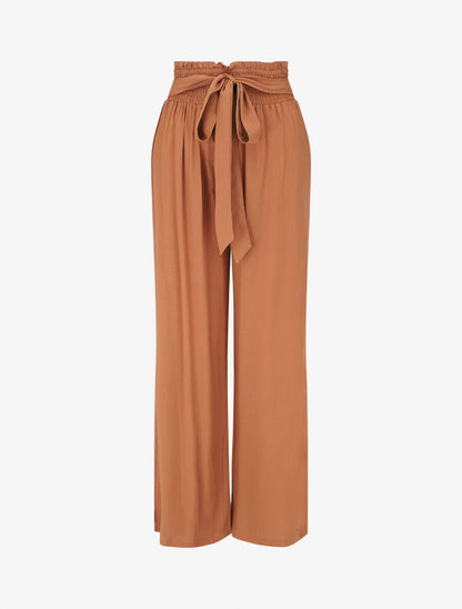 Pantalon fluide uni à taille élastiquée - Camel - 1