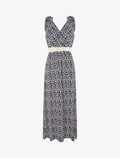 Robe imprimé fleuri à nœuds aux épaules - Marine - 1