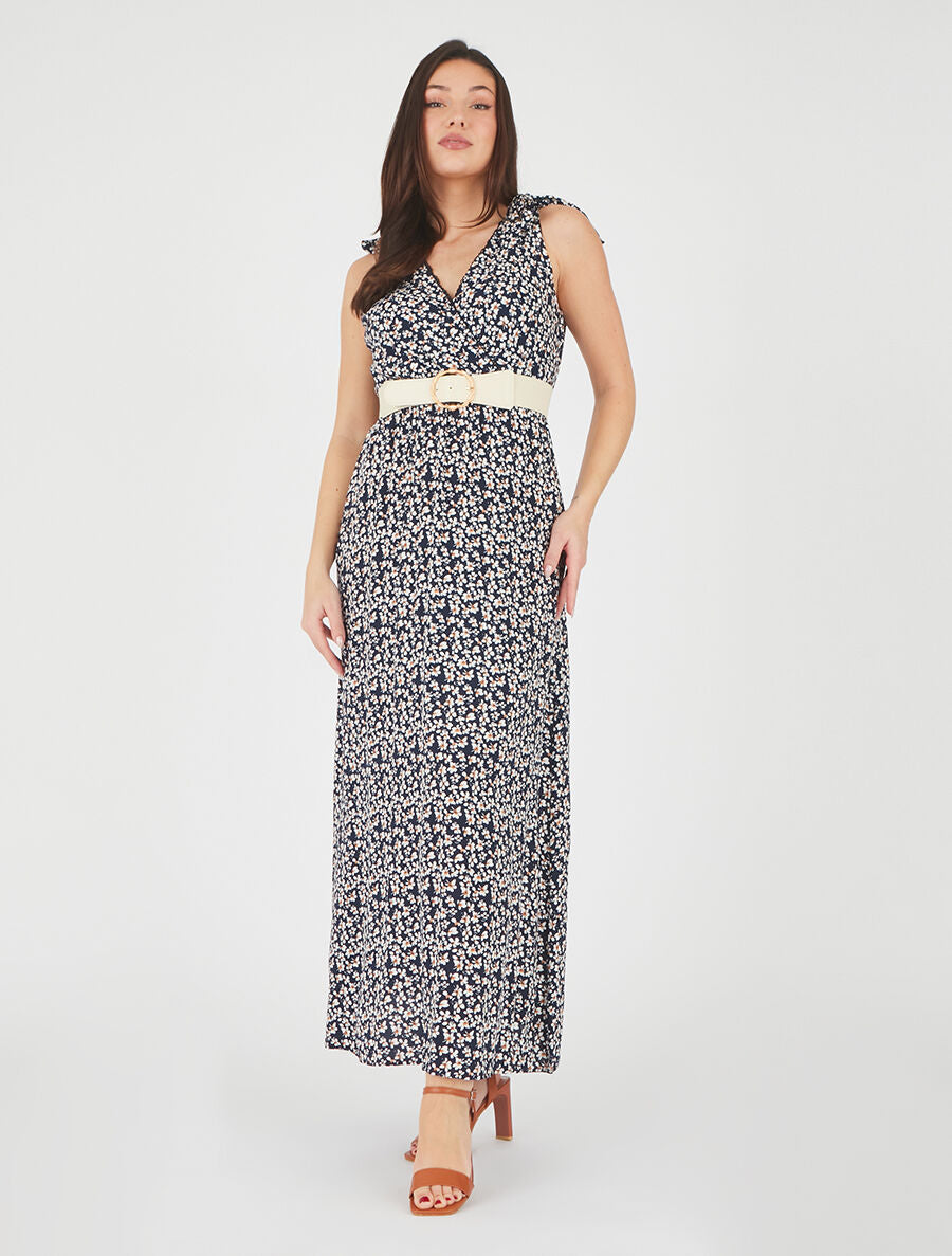 Robe imprimé fleuri à nœuds aux épaules - Marine - 4