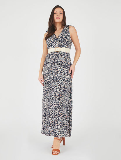 Robe imprimé fleuri à nœuds aux épaules - Marine - 4