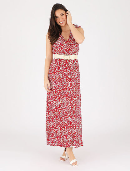 Robe imprimé fleuri à nœuds aux épaules - Rouge - 4