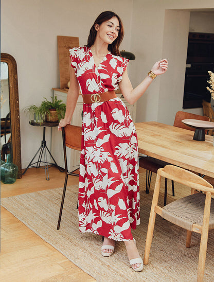 Robe fleurie à manches courtes volantées - Rouge - 1