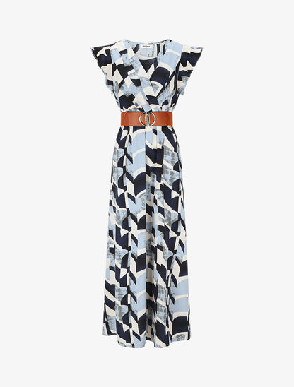 Robe imprimé graphique à manches courtes volantées - Bleu - 5