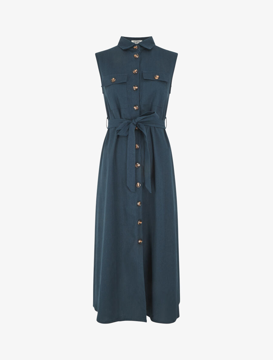 Robe évasée boutonnée à poches - Bleu pétrole - 1