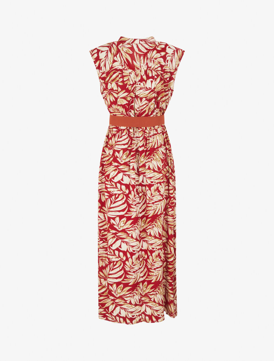 Robe évasée à boutons imprimé végétal - Rouge - 2