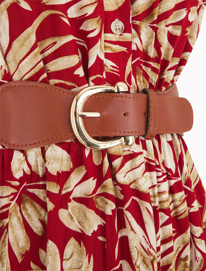 Robe évasée à boutons imprimé végétal - Rouge - 3