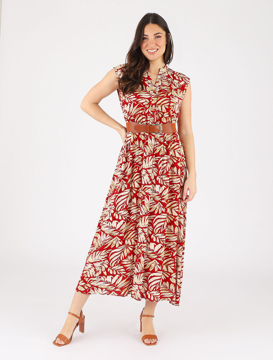 Robe évasée à boutons imprimé végétal - Rouge - 4
