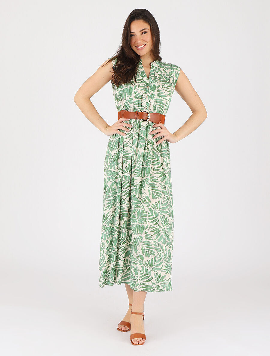 Robe évasée à boutons imprimé végétal - Vert - 4