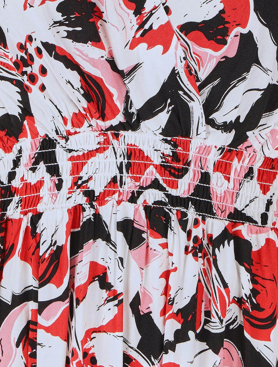 Robe longue manches courtes imprimé tropical - Rouge - 3