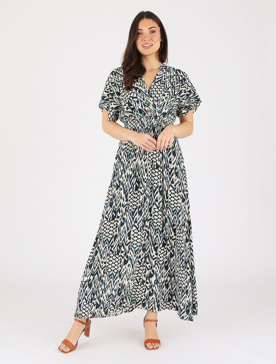 Robe longue manches courtes imprimé graphique - Vert - 4