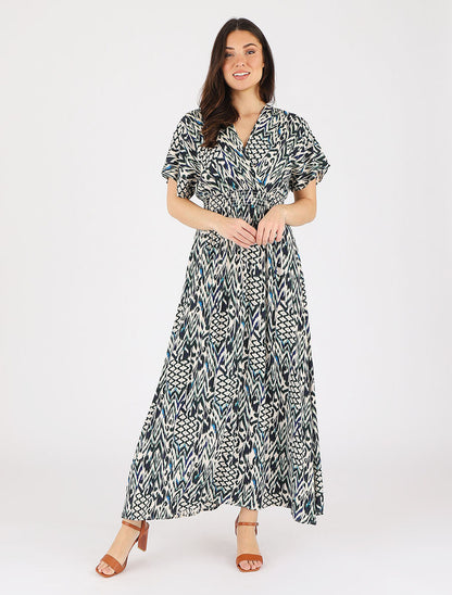 Robe longue manches courtes imprimé graphique - Vert - 4