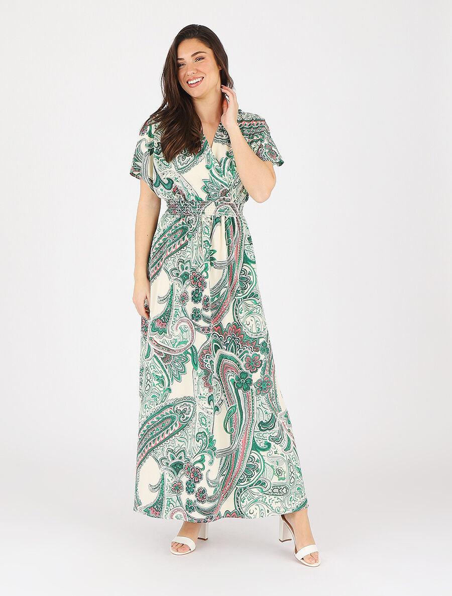 Robe longue manches courtes imprimé cachemire - Vert - 4