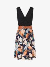 Robe mi-longue évasée imprimé tropique - Marine - 1