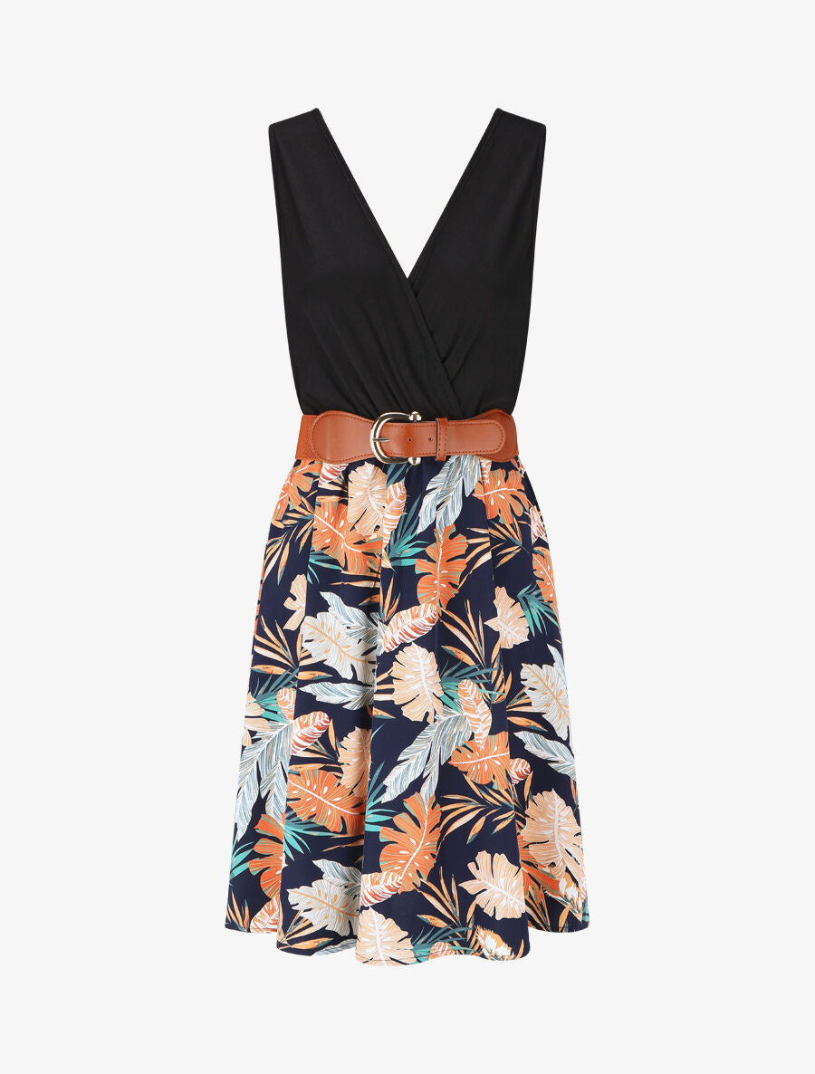 Robe mi-longue évasée imprimé tropique - Marine - 1