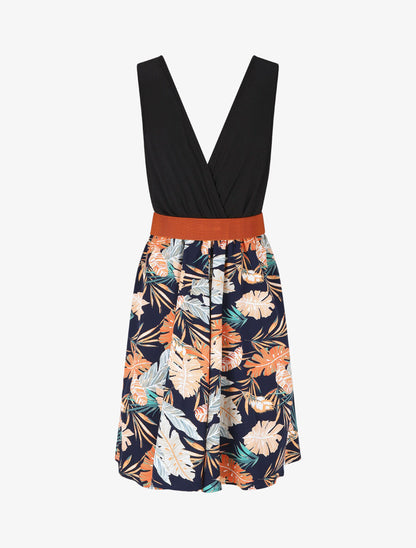Robe mi-longue évasée imprimé tropique - Marine - 2