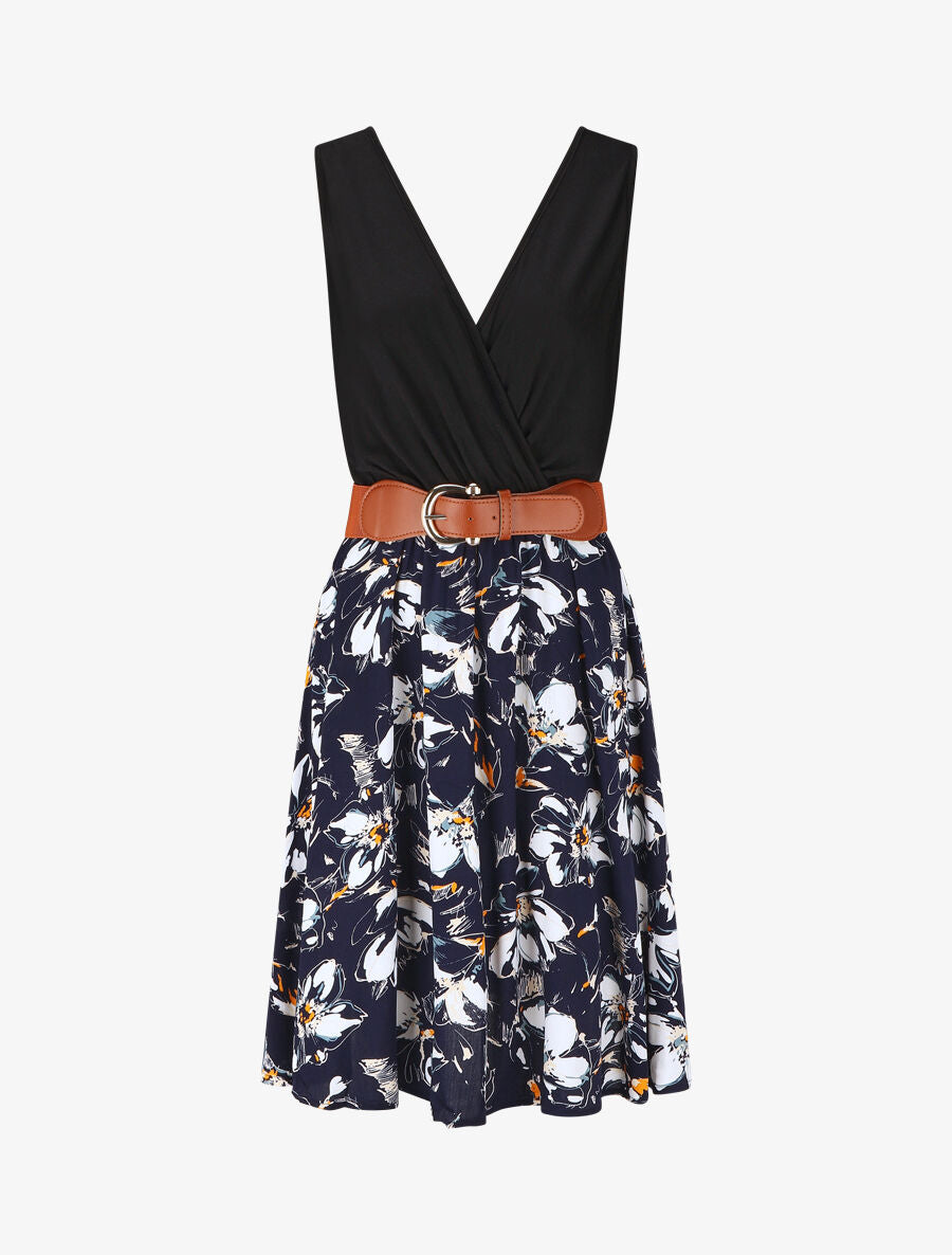 Robe mi-longue sans manches imprimé floral - Marine - 1