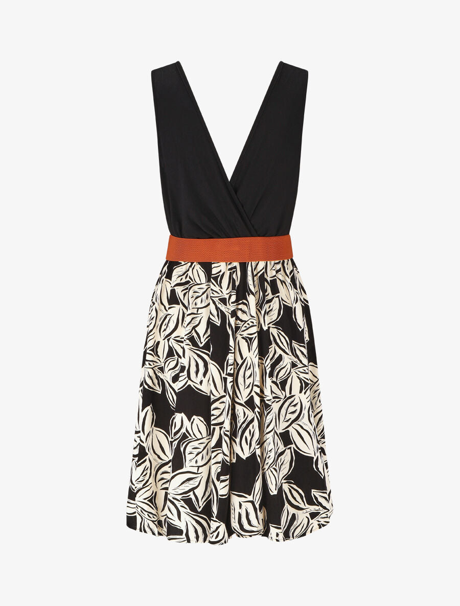 Robe mi-longue sans manches imprimé végétal - Noir - 2