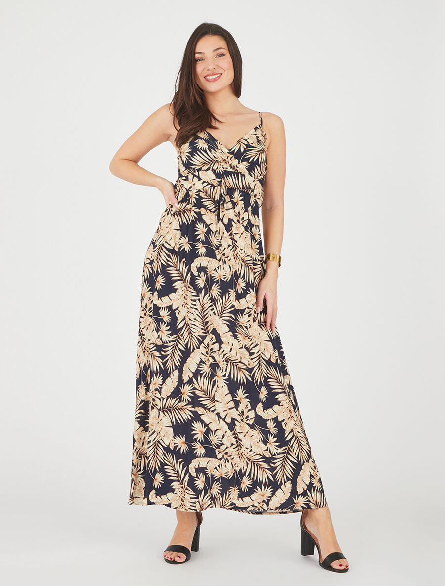 Robe longue imprimé feuillage - Marine - 4