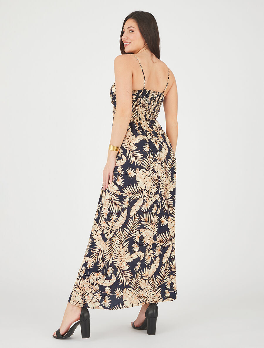 Robe longue imprimé feuillage - Marine - 5