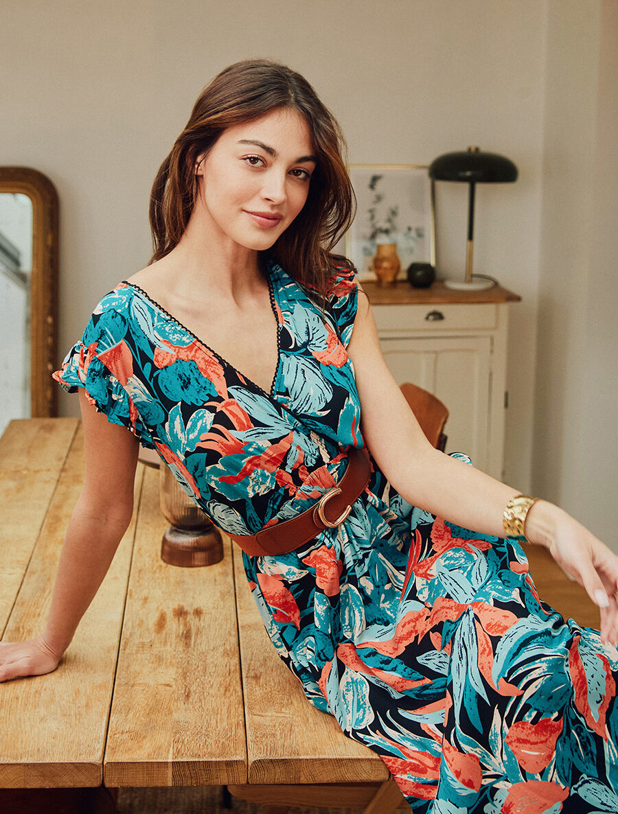 Robe imprimé feuillage et col cache-coeur - Noir - 6