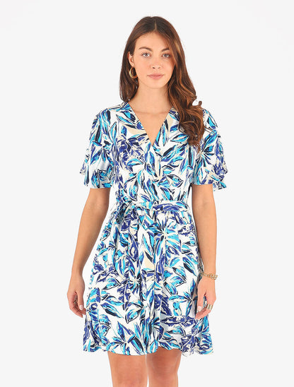 Robe mi-longue imprimé feuillage - Bleu - 4