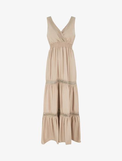Robe longue unie ajourée - Beige - 1
