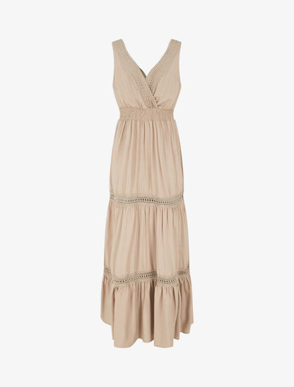 Robe longue unie ajourée - Beige - 2