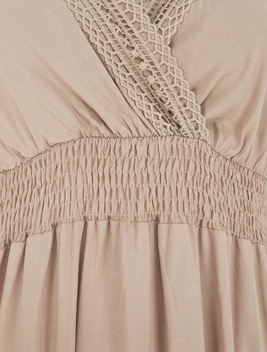 Robe longue unie ajourée - Beige - 3