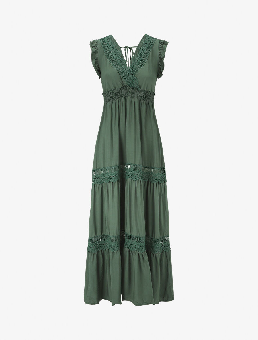 Robe longue unie ajourée - Vert sapin - 1