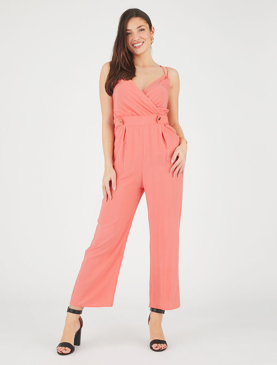 Combinaison fluide unie à boutons décoratifs - Corail - 4