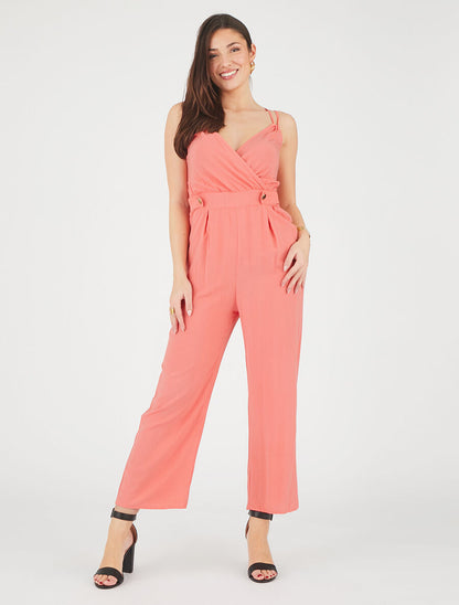 Combinaison fluide unie à boutons décoratifs - Corail - 4