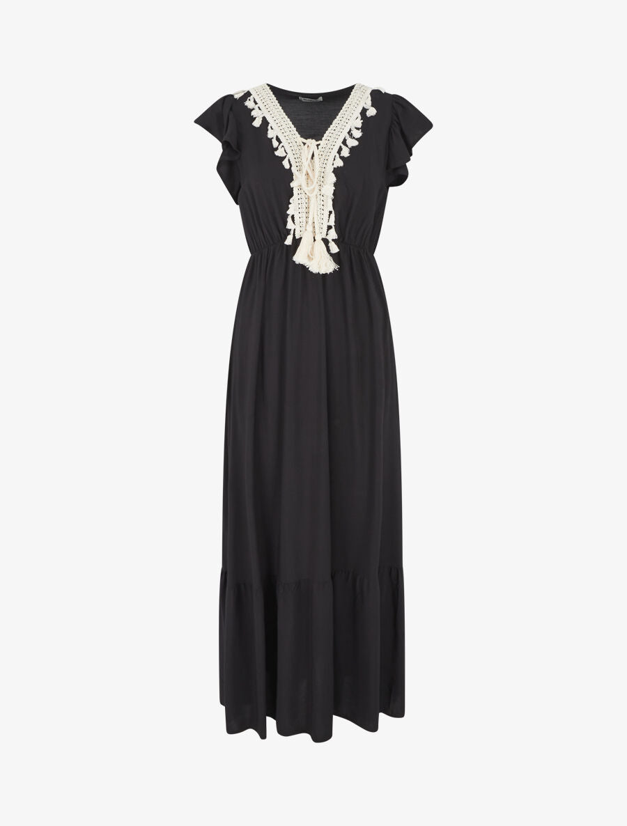 Robe longue évasée unie - Noir - 5