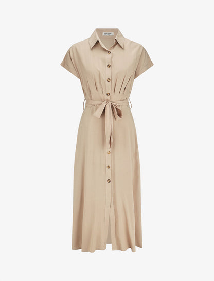 Robe chemise longue évasée et unie - Beige - 5