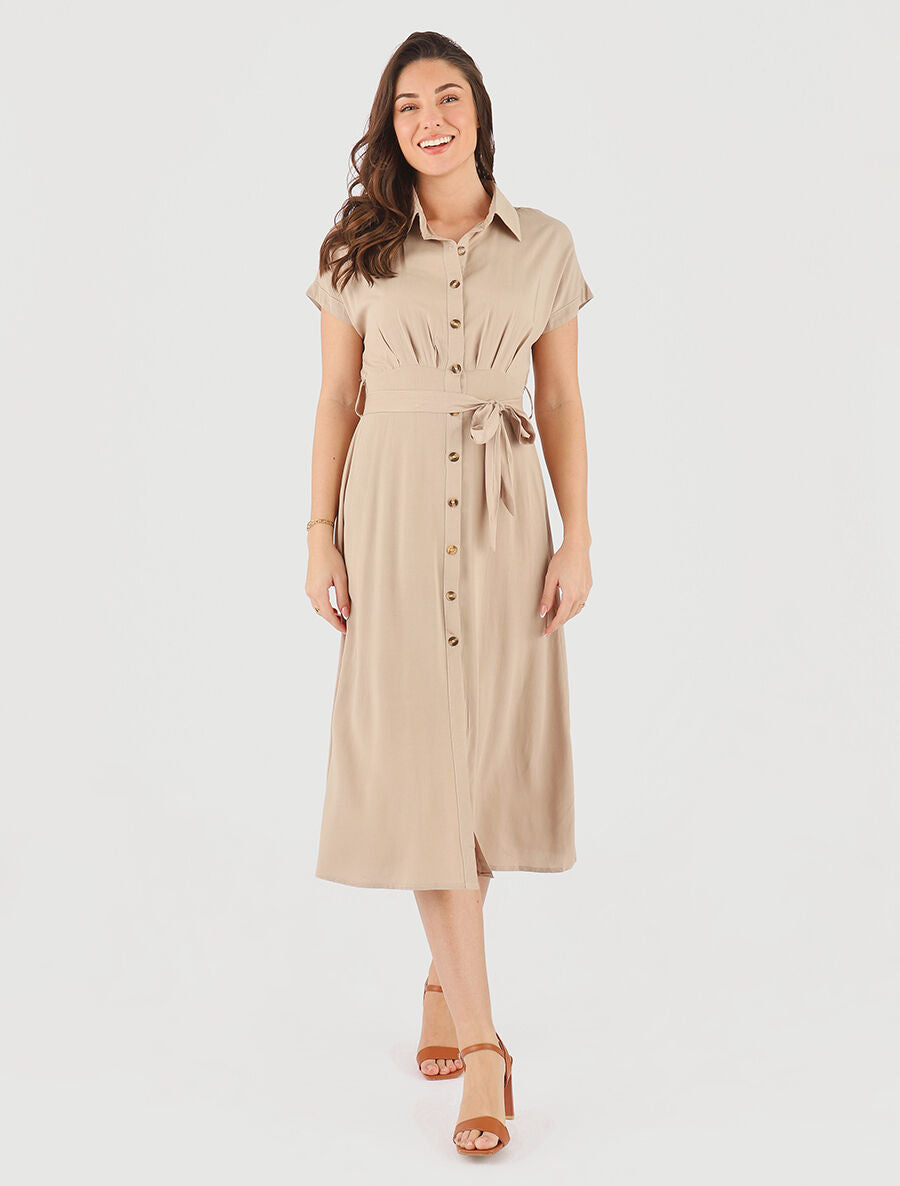 Robe chemise longue évasée et unie - Beige - 4