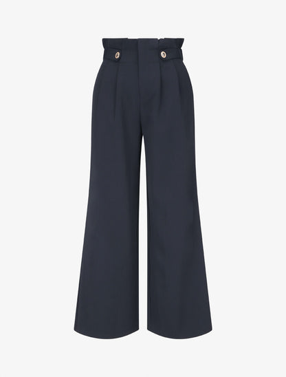 Pantalon ample uni à taille haute - Marine - 1