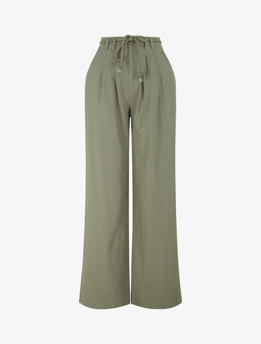 Pantalon large élastiqué effet lin - Kaki - 1