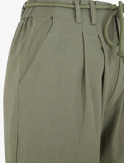 Pantalon large élastiqué effet lin - Kaki - 3
