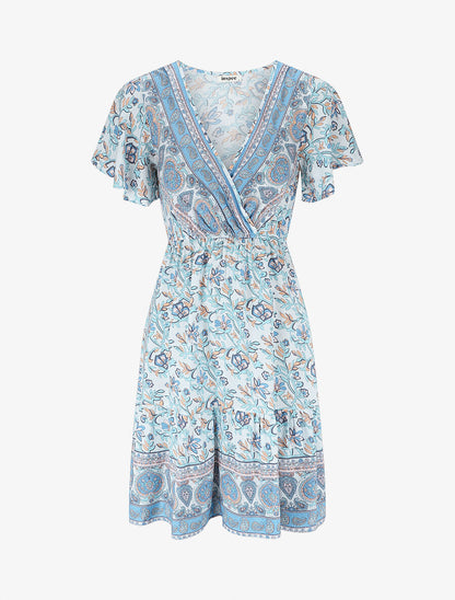 Robe imprimé foulard à manches volantées - Bleu ciel - 2
