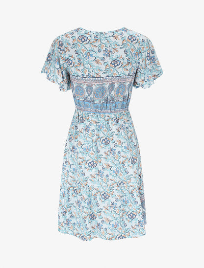 Robe imprimé foulard à manches volantées - Bleu ciel - 3
