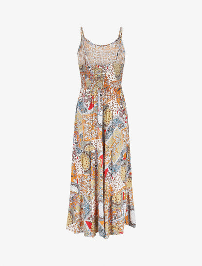 Robe longue motif patchwork à fines bretelles - Beige - 2